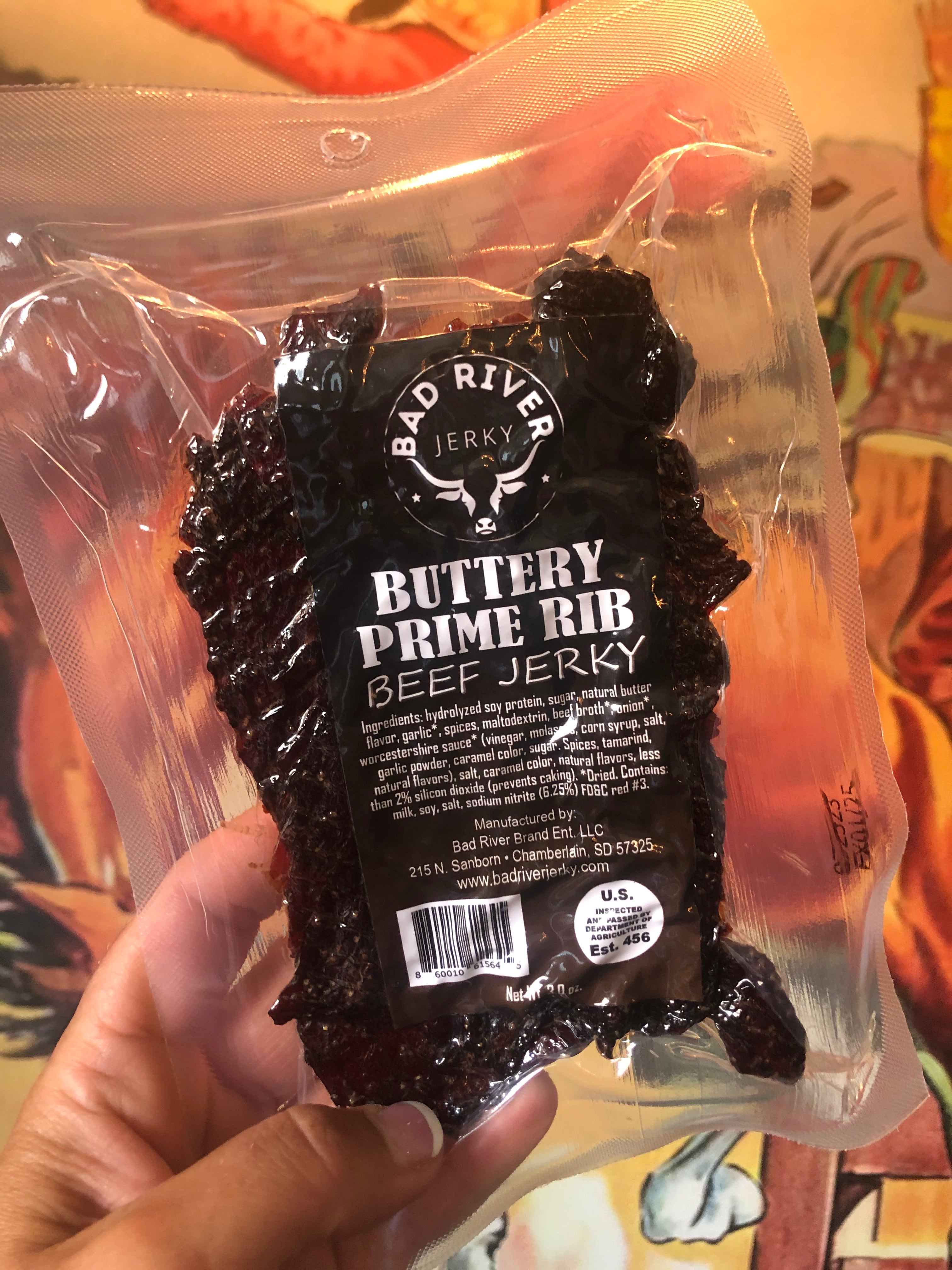 Buttery Prime Rib Beef Jerky made in South Dakota by Bad River Jerky. 