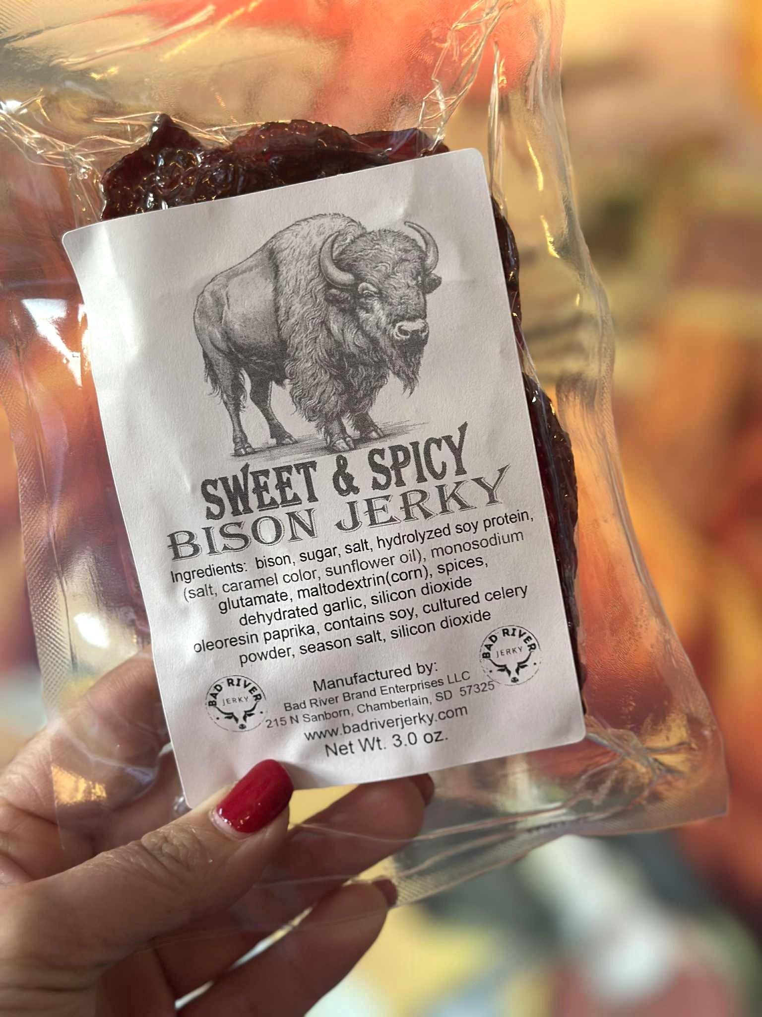 Sweet and spicy lean pieces of bison jerky