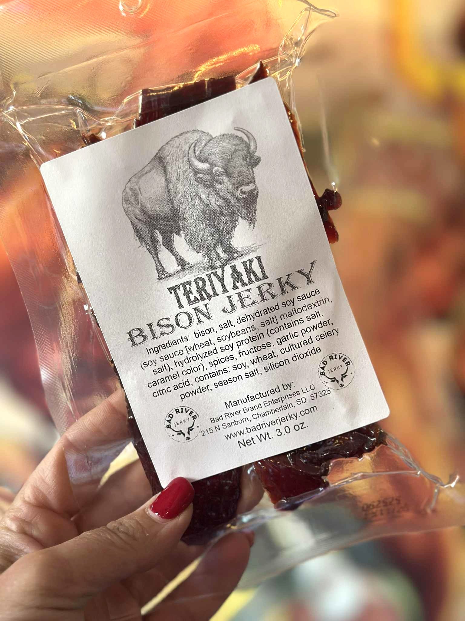 Teriyaki bison jerky pieces – rich, sweet savory hand-torn snack