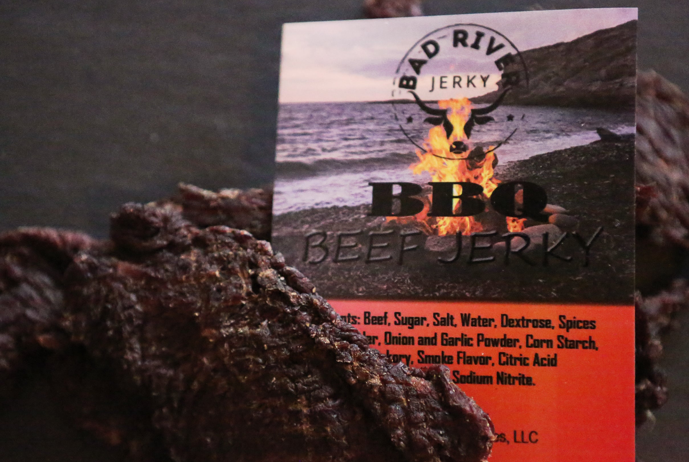 BBQ beef jerky pieces – close-up of hand-torn texture